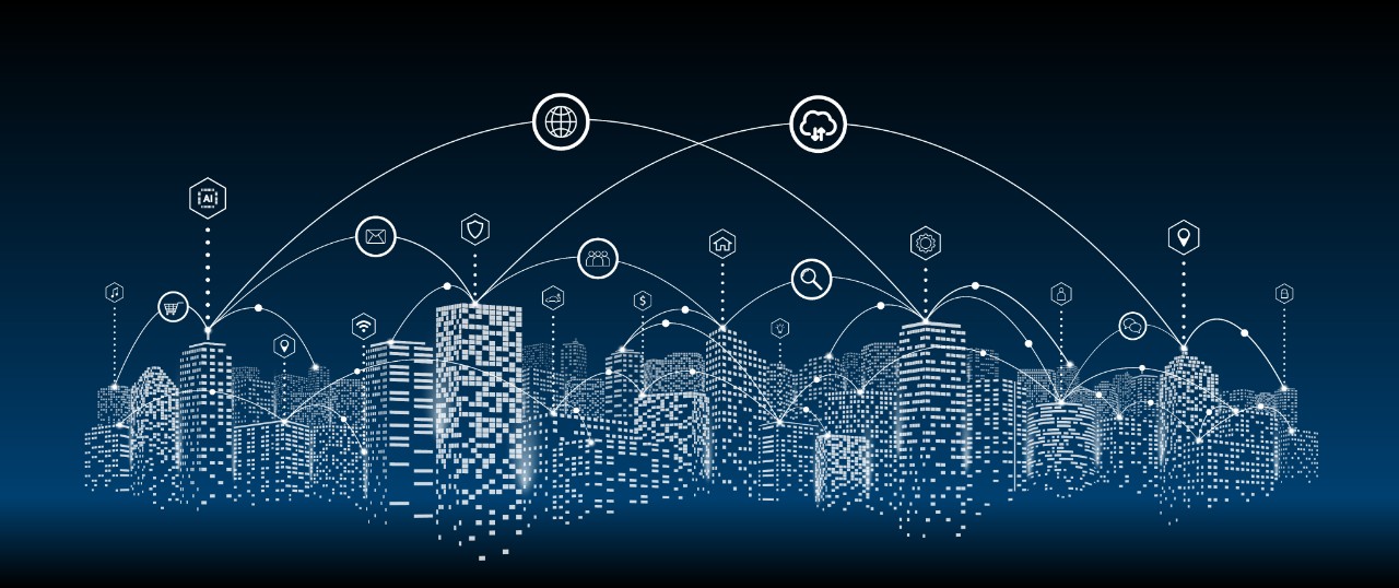 Communication in digital or smart city, social network connections, Business technology concept. Communication in digital or smart city, social network connections, Business technology concept.