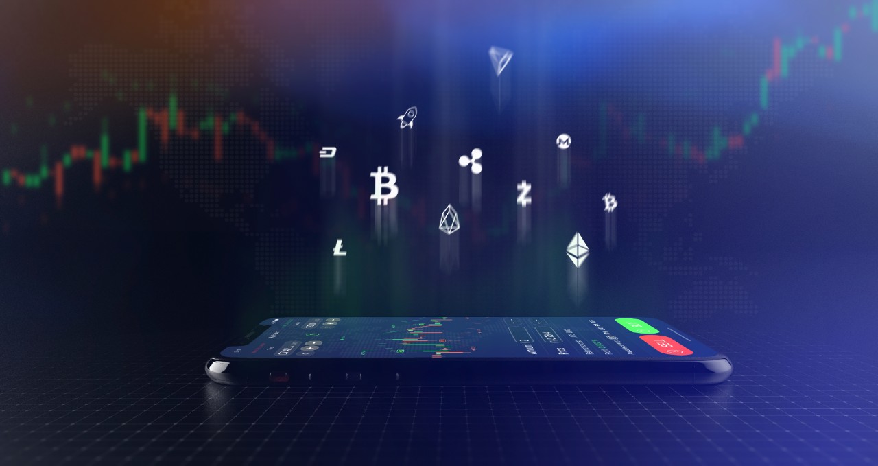 Futuristic stock exchange scene with crypto currency icons and smartphone (3D illustration) Futuristic stock exchange scene with crypto currency icons and smartphone (3D illustration)
